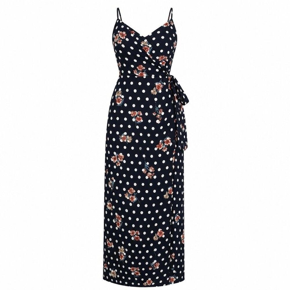 Philosophy Polka Dot Maxi Dress Floral Side Tie Slip Strappy Black Sz 4 Nwt